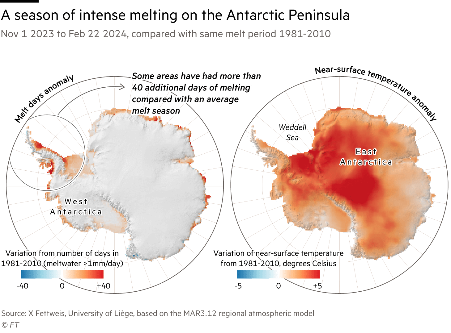 Maps showing this season's number of melt days in Antartica compared with the long-term average. Particulary the Antarctic Peninsula has had more melting. Source: Source: X. Fettweis, University of Liège and MAR3.12
